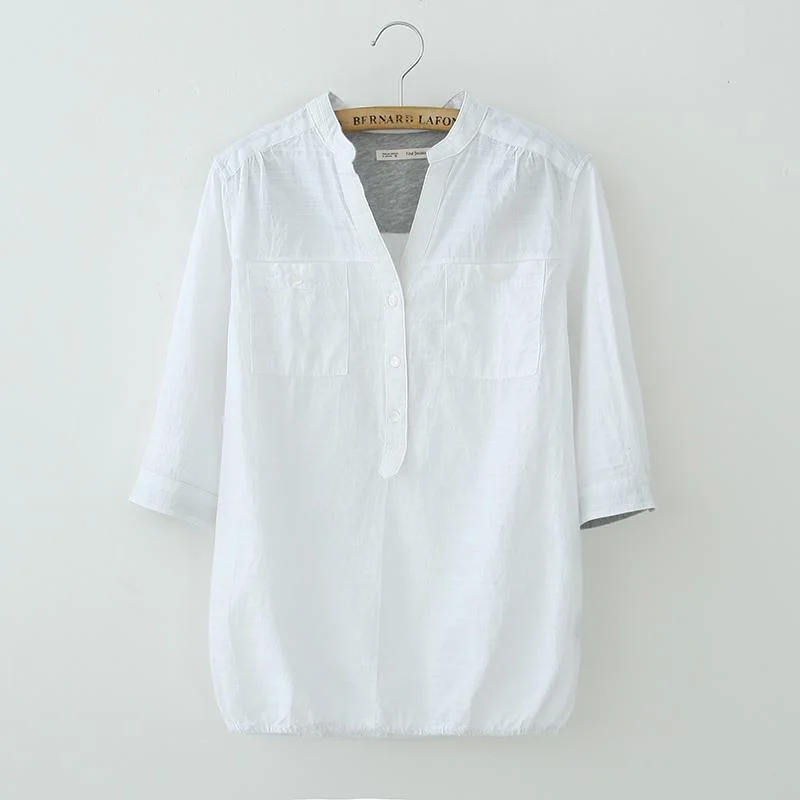 Women's Casual Pure Color Cotton Linen Shirts With Two Pockets