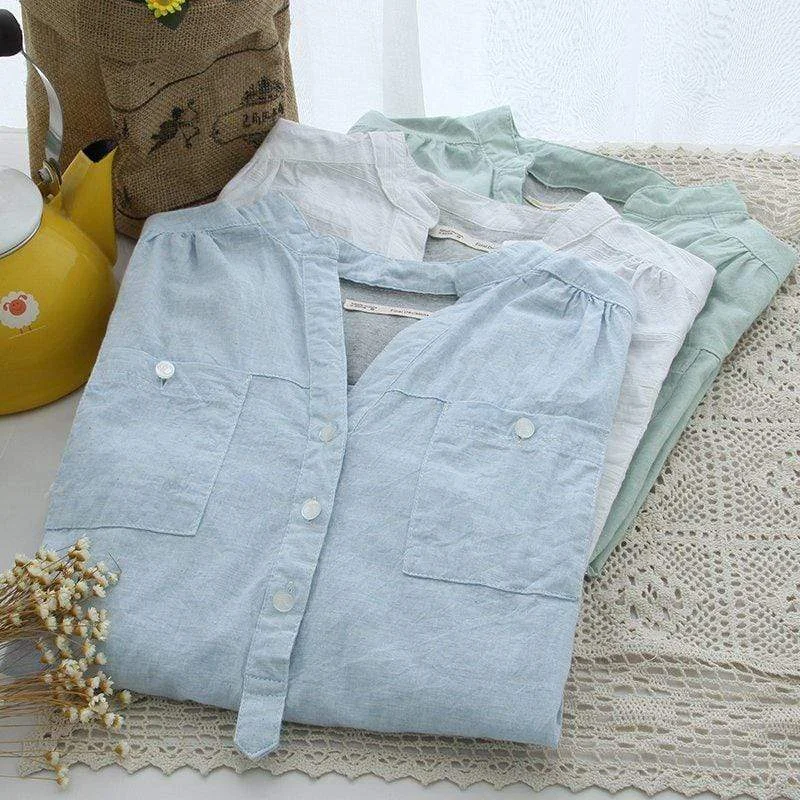 Women's Casual Pure Color Cotton Linen Shirts With Two Pockets