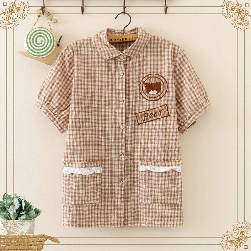 Women's Kawaii Bear Stitching Plaid Shirts