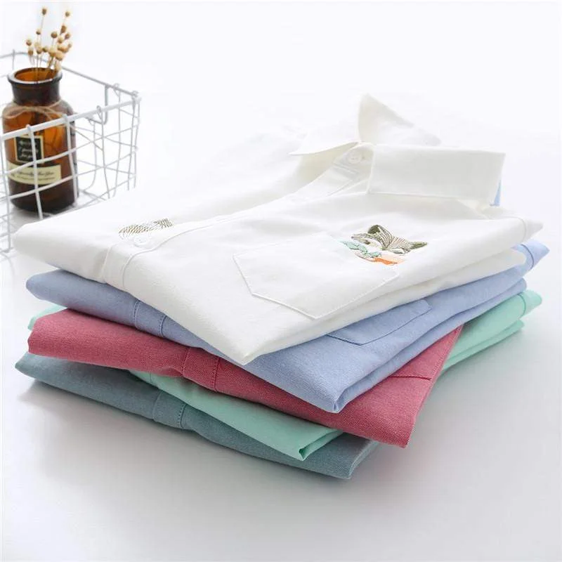 Women's Kawaii Cats/Racoons Embroidered Pocket Pure Color Shirts