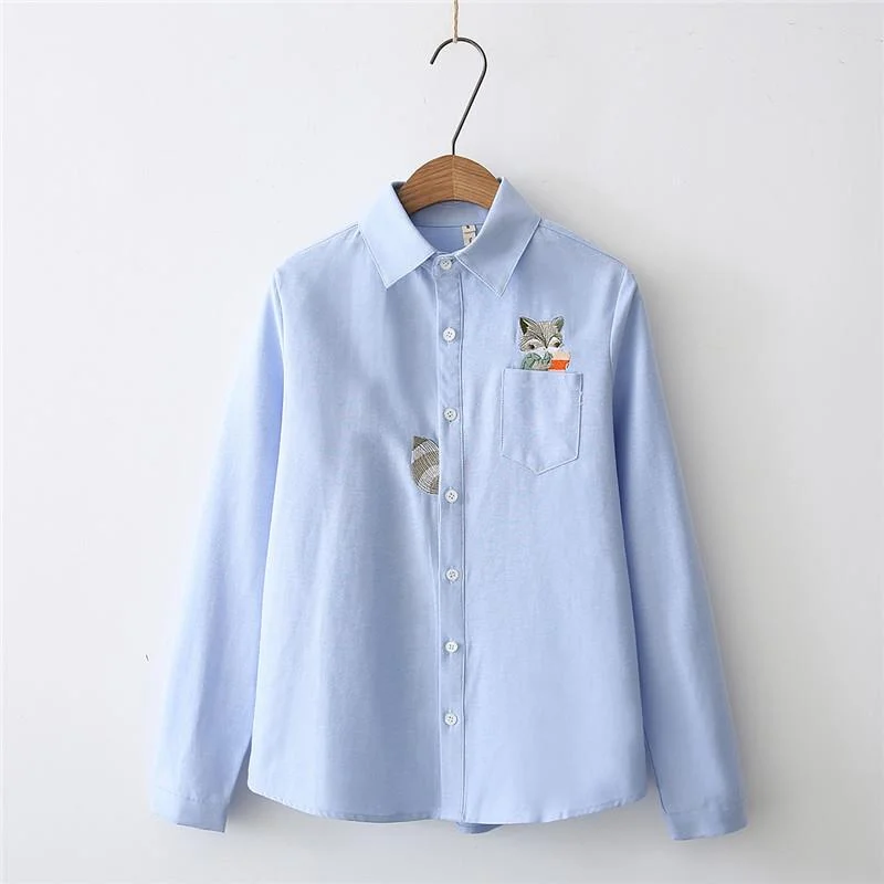 Women's Kawaii Cats/Racoons Embroidered Pocket Pure Color Shirts