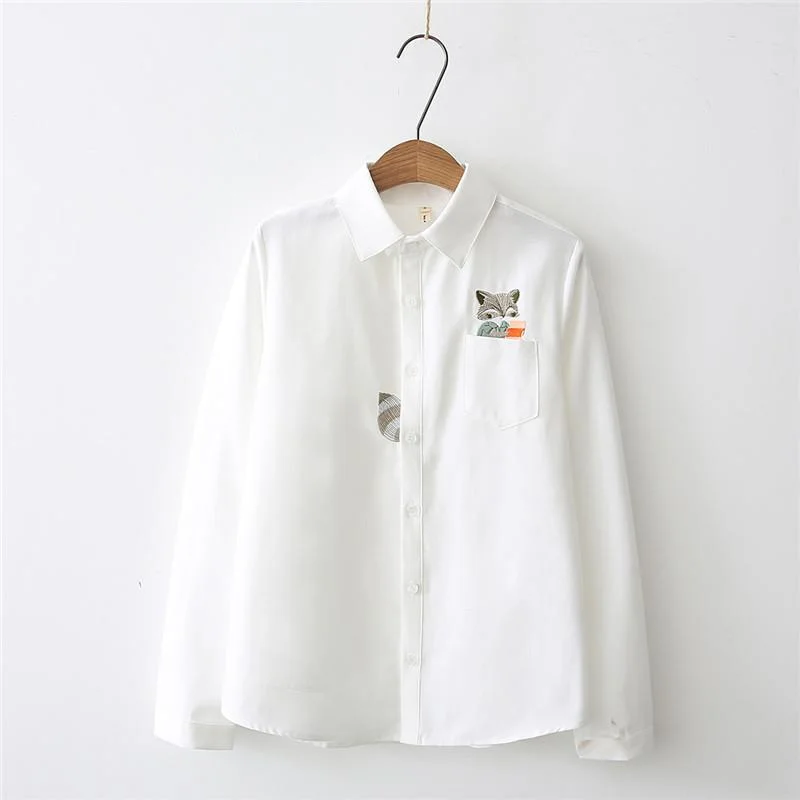 Women's Kawaii Cats/Racoons Embroidered Pocket Pure Color Shirts