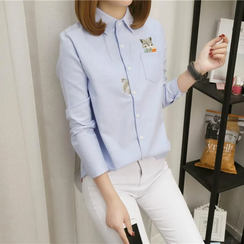 Women's Kawaii Cats/Racoons Embroidered Pocket Pure Color Shirts