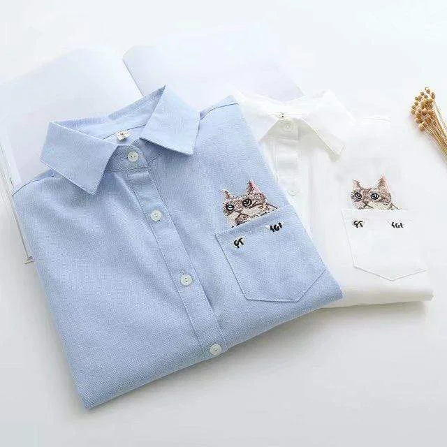 Women's Kawaii Cats/Racoons Embroidered Pocket Pure Color Shirts