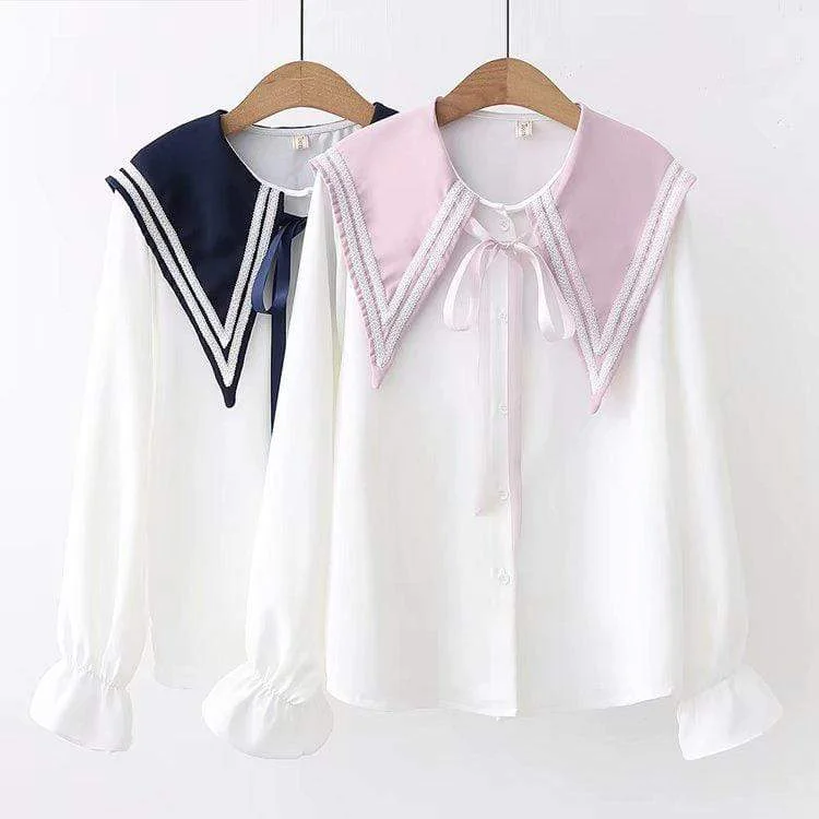 Women's Kawaii Contrast Color Lace-up Large Lapel Shirts