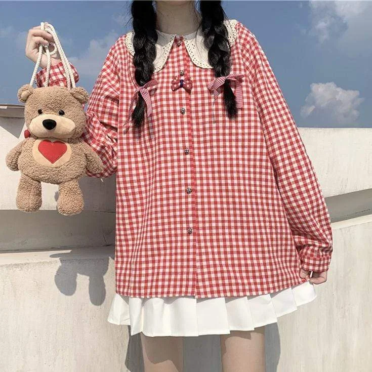 Women's Kawaii Contrast Color Peter Pan Collar Plaid Shirts