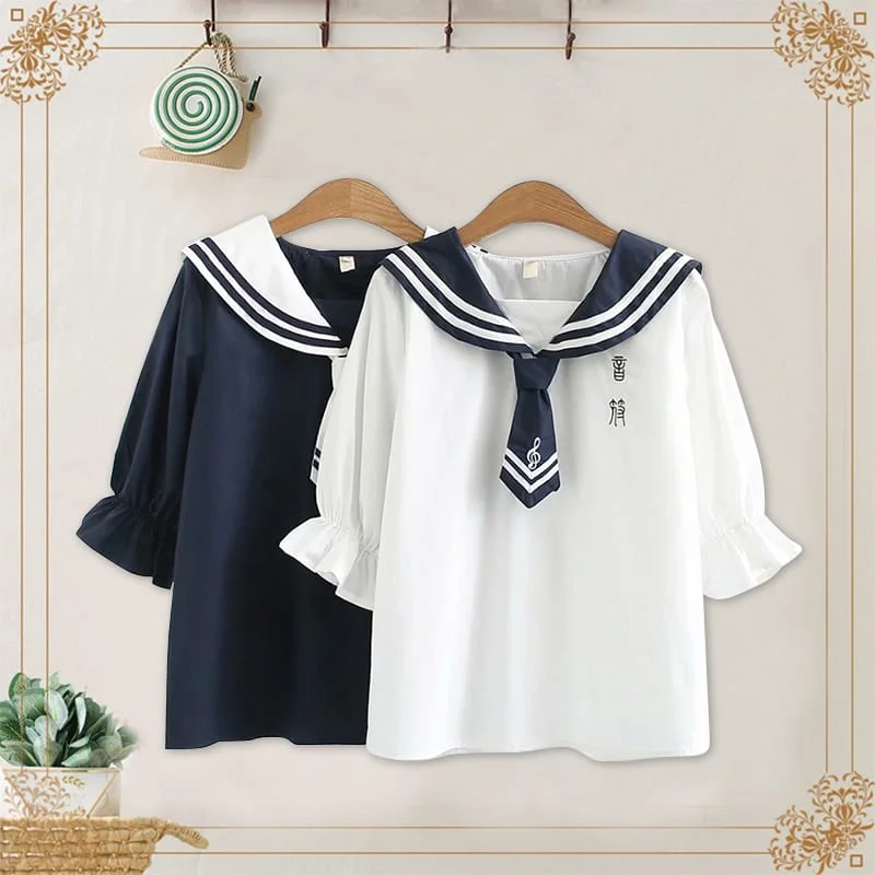 Women's Kawaii Contrast Color Striped Sailor Collar Ancient Character Shirts