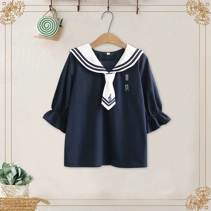 Women's Kawaii Contrast Color Striped Sailor Collar Ancient Character Shirts