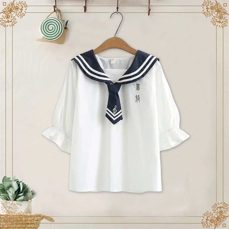 Women's Kawaii Contrast Color Striped Sailor Collar Ancient Character Shirts