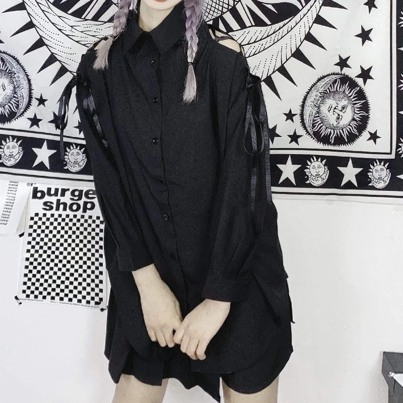 Women's Kawaii Off Shoulder Lace-up Black Long Shirts