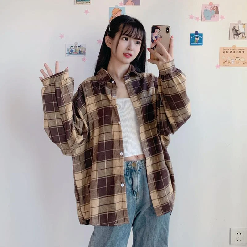 Women's Kawaii Plaid Long-sleeved Shirts