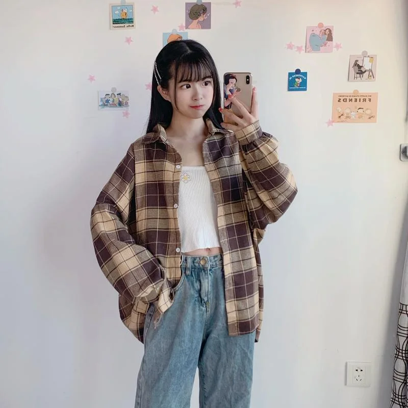 Women's Kawaii Plaid Long-sleeved Shirts