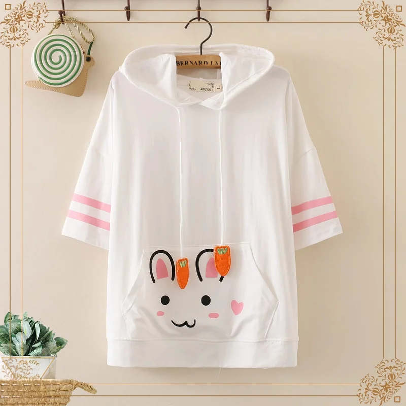 Women's Kawaii Rabbit Printed Contrast Color Striped Sleeved Hooded Shirts 