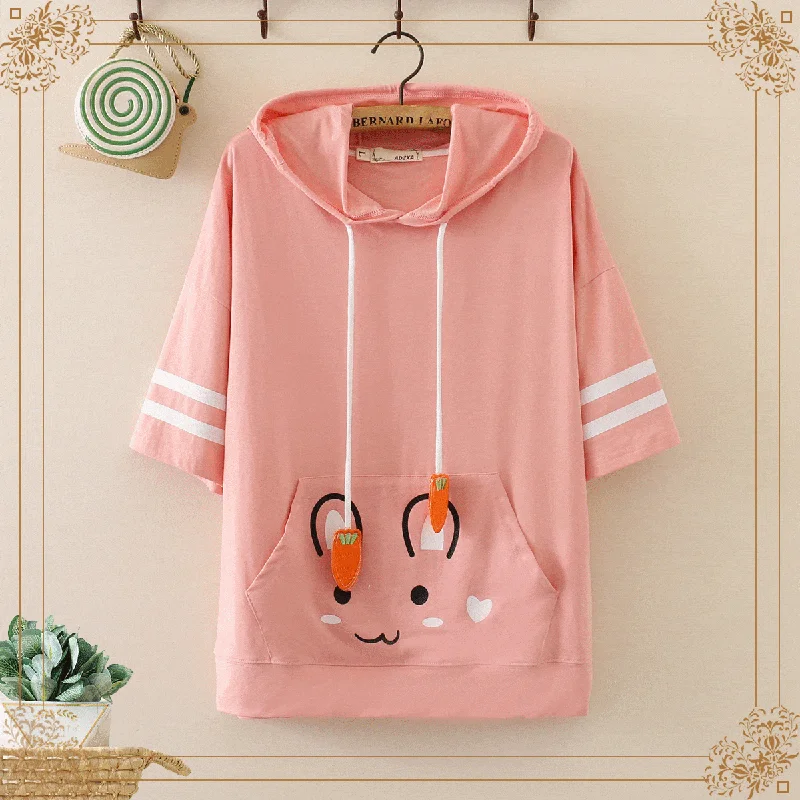 Women's Kawaii Rabbit Printed Contrast Color Striped Sleeved Hooded Shirts 