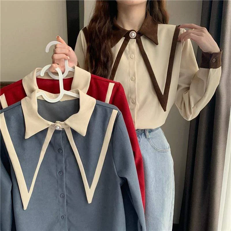 Women's Korean Fashion Contrast Color Alley Collar Shirts