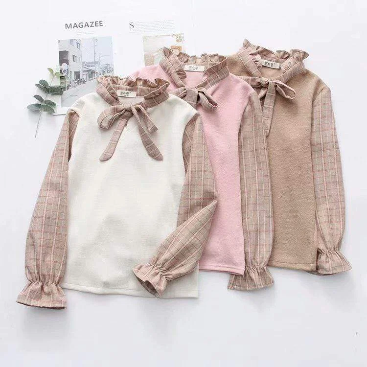 Women's Korean Fashion Pure Color Knitted Vests Splicing Bowknot Plaid Shirts