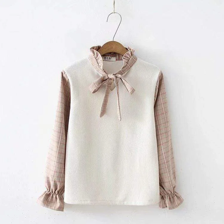 Women's Korean Fashion Pure Color Knitted Vests Splicing Bowknot Plaid Shirts