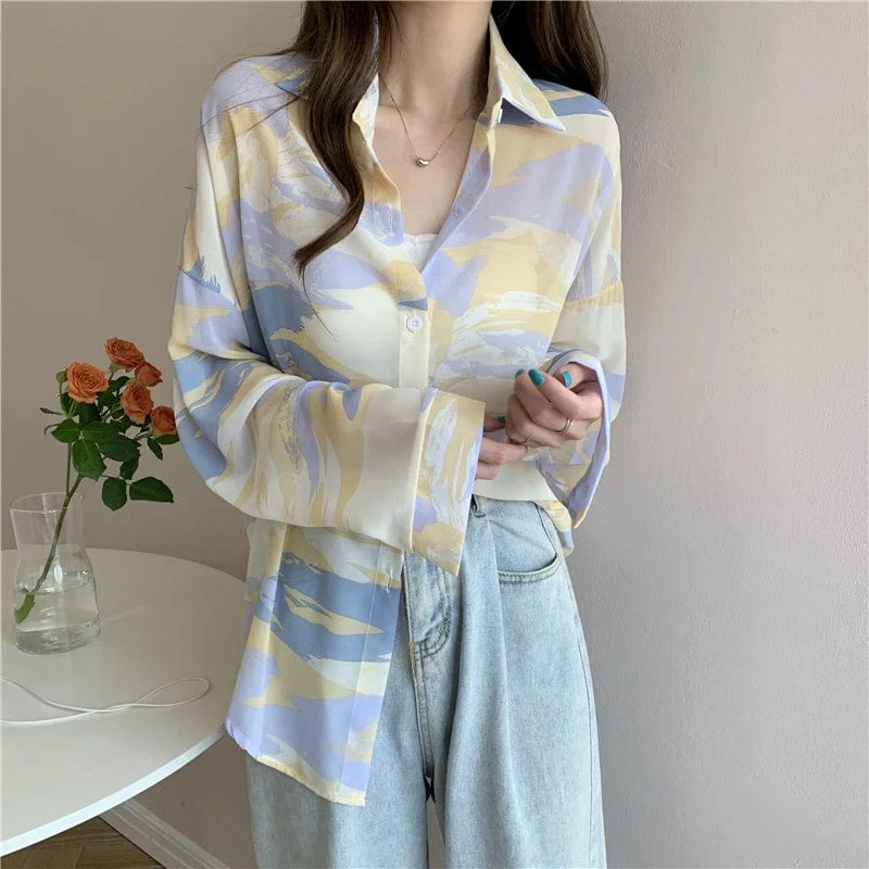 Women's Korean Style Sheer Tie-dye Long Sleeved Shirt