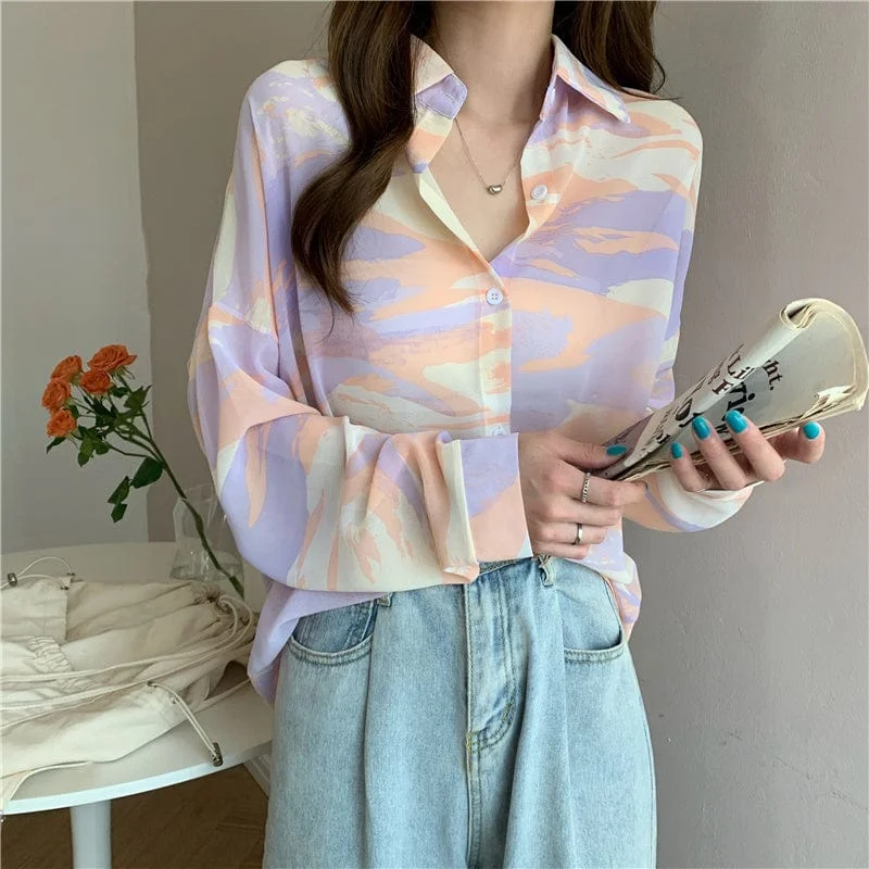 Women's Korean Style Sheer Tie-dye Long Sleeved Shirt