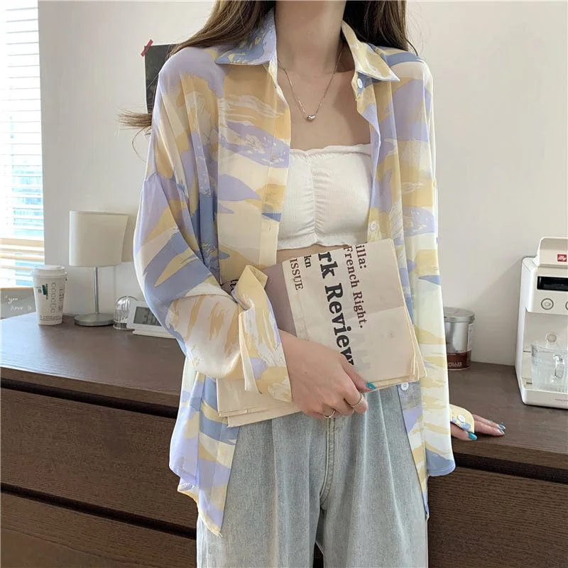 Women's Korean Style Sheer Tie-dye Long Sleeved Shirt