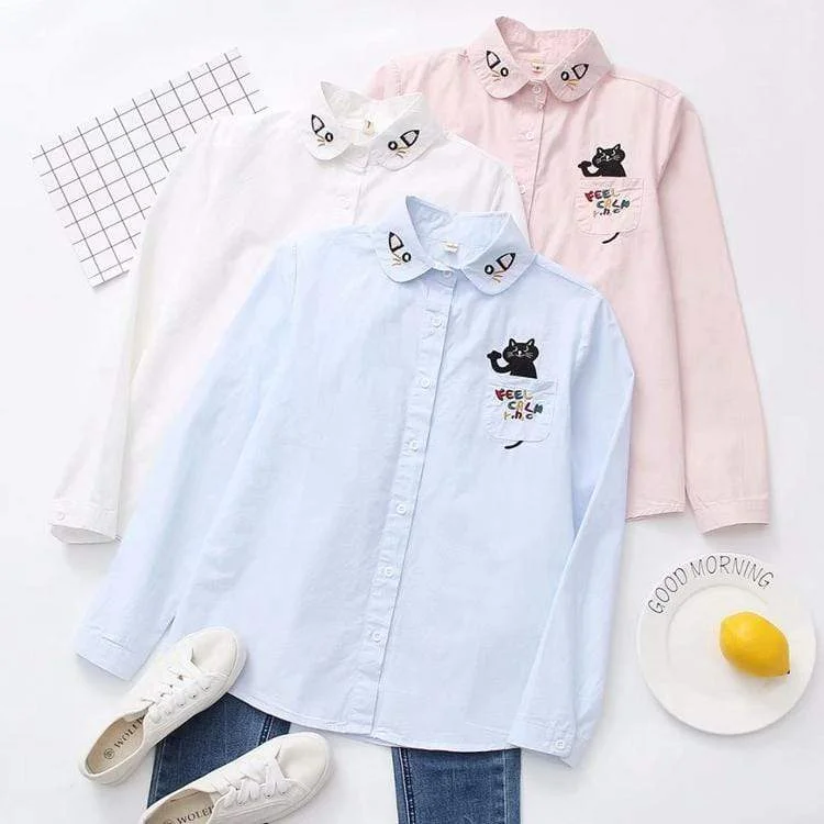 Women's Lovely Cat Face Embroidered Collar Loose Shirts