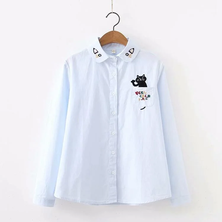 Women's Lovely Cat Face Embroidered Collar Loose Shirts