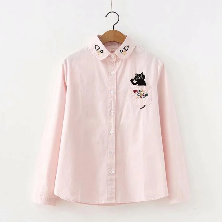 Women's Lovely Cat Face Embroidered Collar Loose Shirts