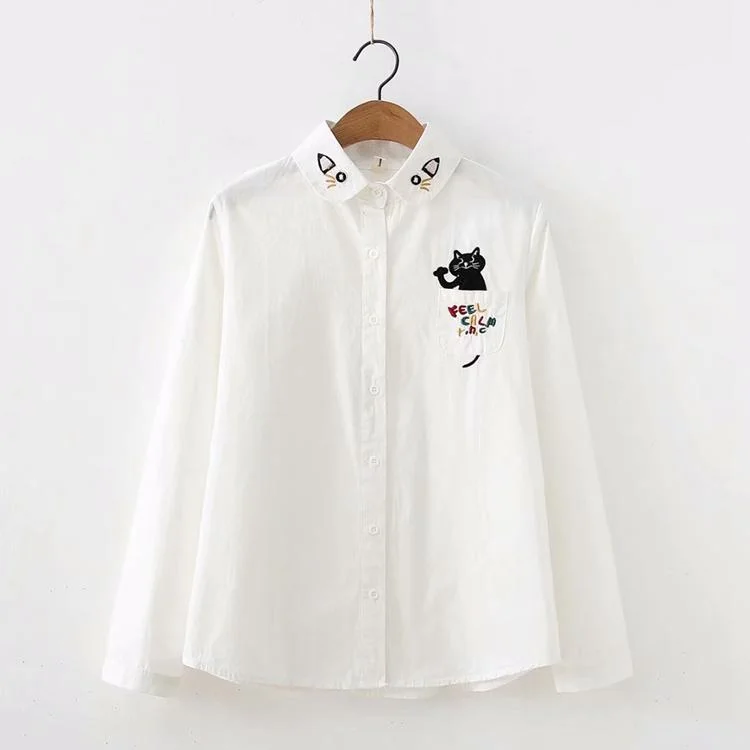 Women's Lovely Cat Face Embroidered Collar Loose Shirts