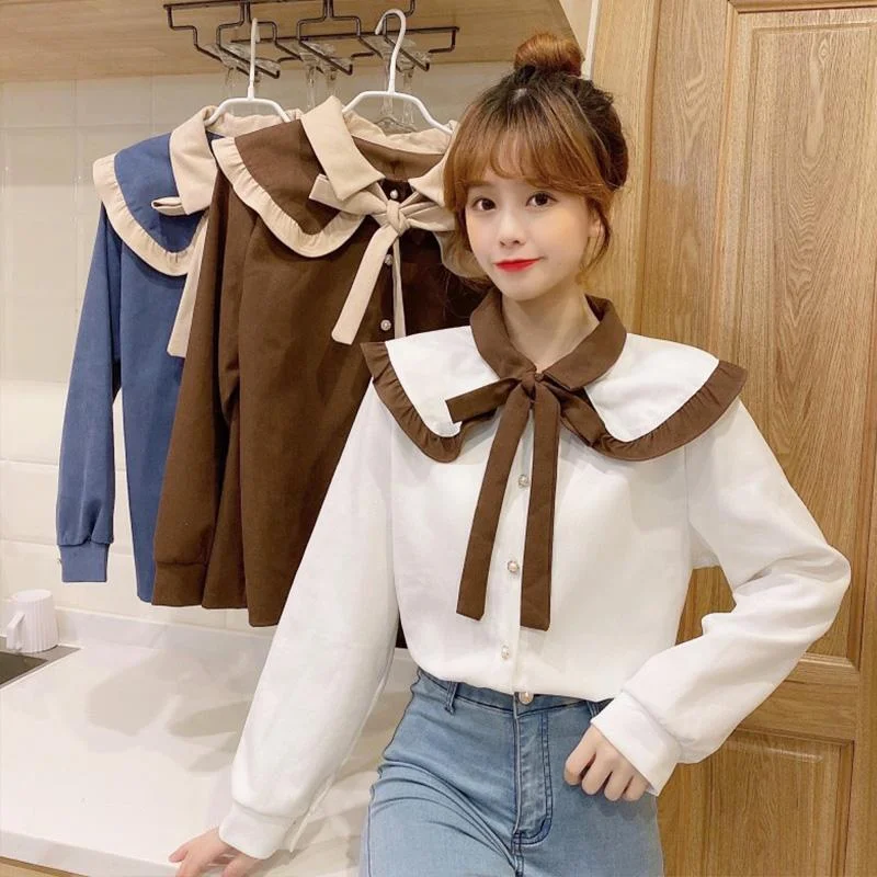 Women's Sweet Bowknot Lace-up Contrast Color Large Lapel Shirts