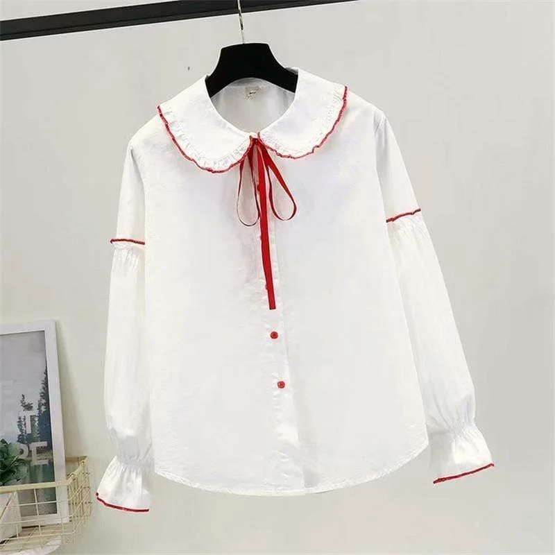 Women's Sweet Contrast Color Falbala Sleeved Shirts