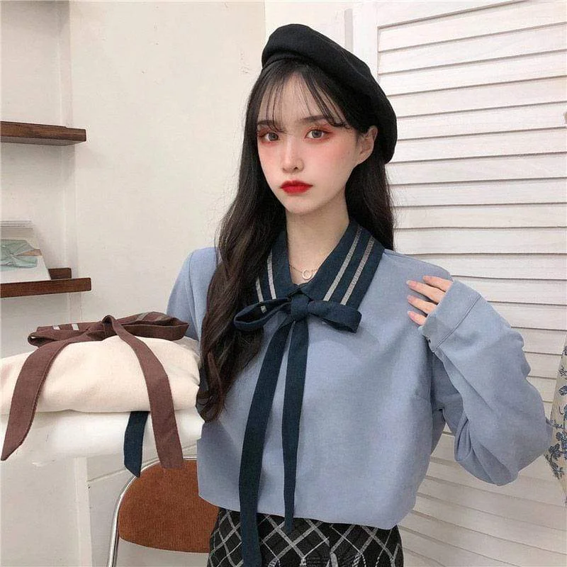 Women's Sweet Contrast Color Striped Bowknot Collar Pure Color Shirts