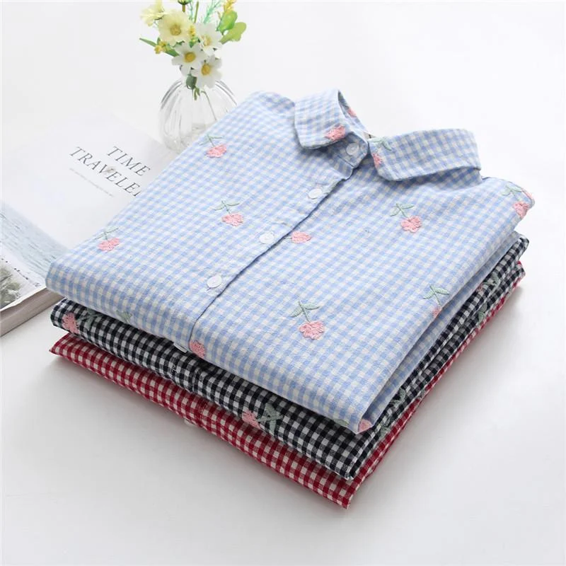 Women's Sweet Floral Embroidered Plaid Shirts 