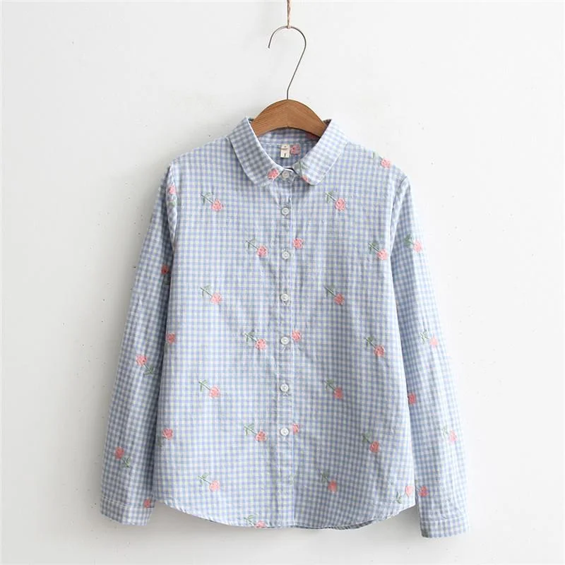 Women's Sweet Floral Embroidered Plaid Shirts 