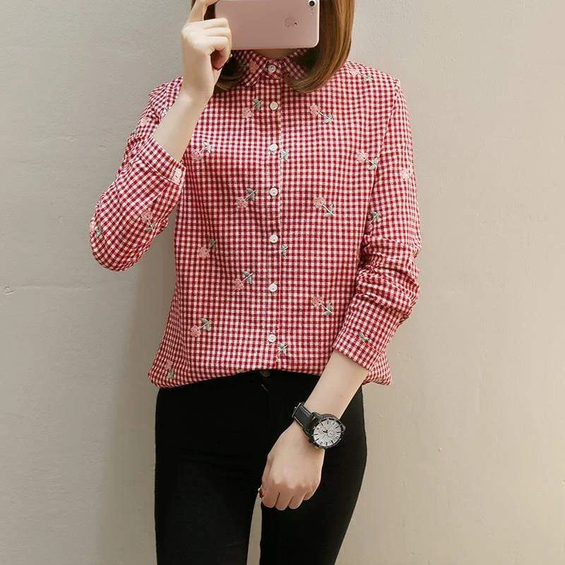 Women's Sweet Floral Embroidered Plaid Shirts 