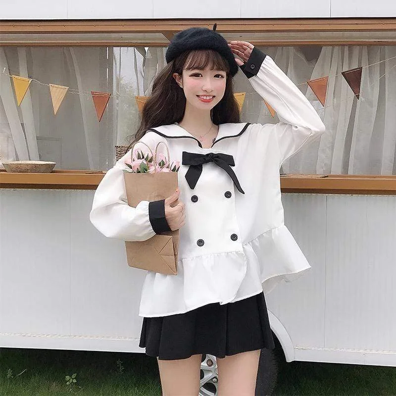 Women's Sweet Large Lapel Double-breasted Shirts With Bowknot