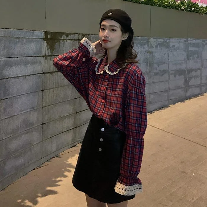 Women's Sweet Peter Pan Collars Plaid Shirts