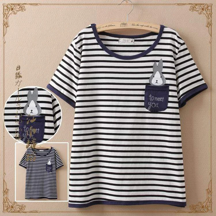 Women's Sweet Rabbit Pocket Striped T-shirts