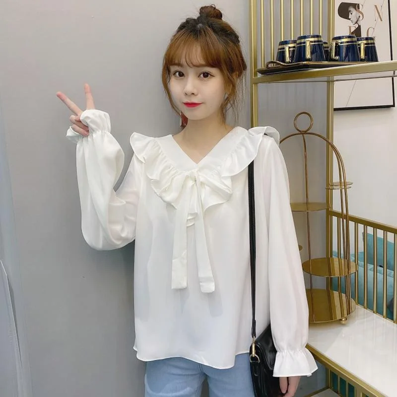 Women's Sweet  Ruffles V-neck Shirts With Bowknot