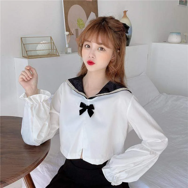 Women's Sweet Sailor Collar With Pearls Hem Shirts  