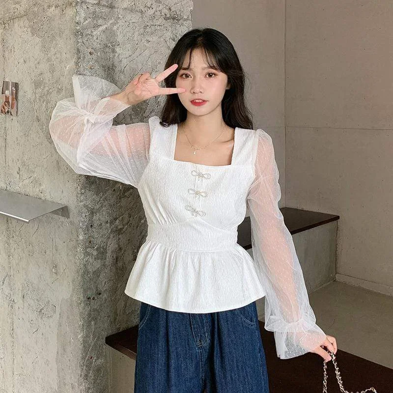 Women's Sweet  Square-cut Collar Sheer Puff Sleeved Shirts