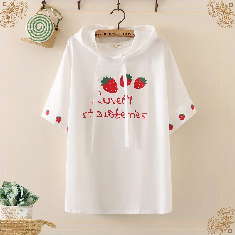 Women's Sweet Strawberry Printed Hooded Shirts 