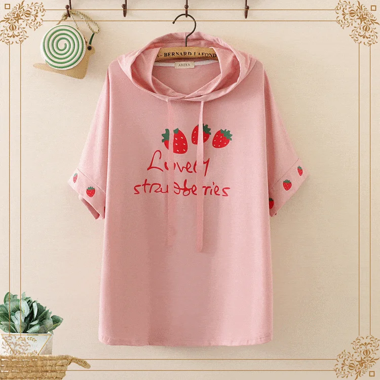 Women's Sweet Strawberry Printed Hooded Shirts 