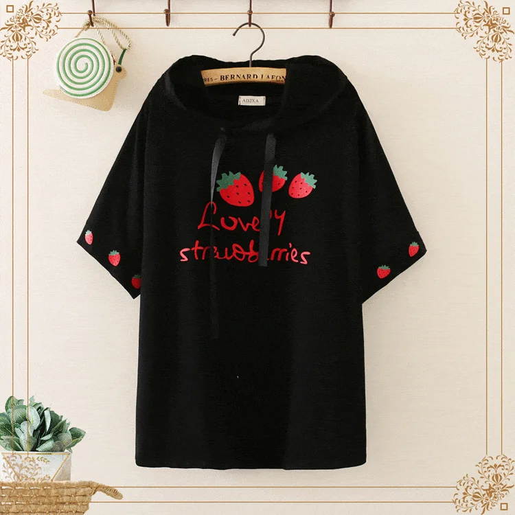 Women's Sweet Strawberry Printed Hooded Shirts 