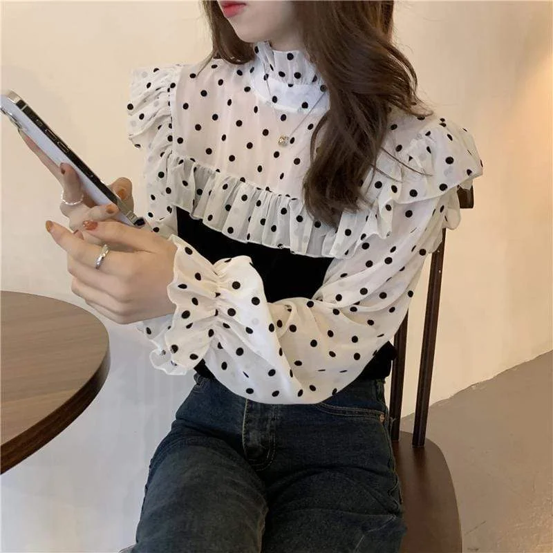 Women's Vintage Black Dots Falabala Mesh Shirts Splicing Velet Tops