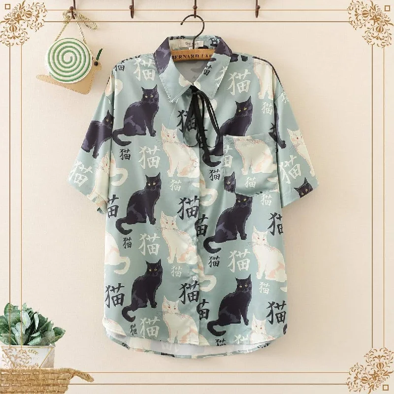 Women's Vintage Cats Printed Lace-up Shirts