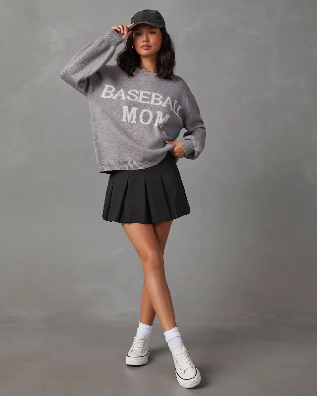 Baseball Mom Knit Pullover Sweater - Grey