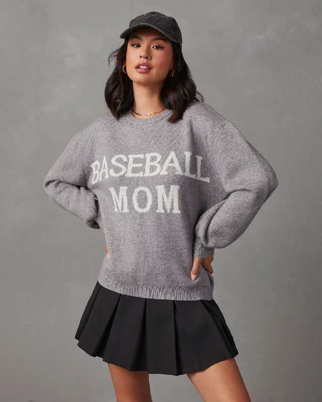 Baseball Mom Knit Pullover Sweater - Grey