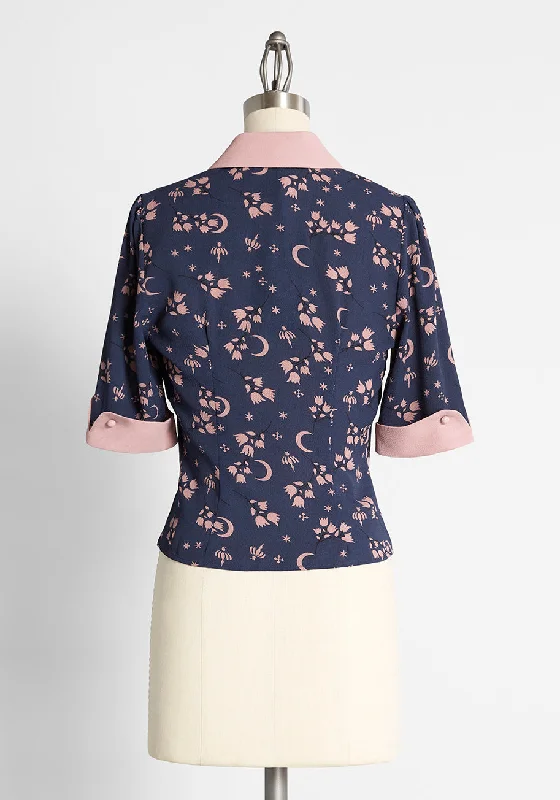 Moonflower Blooms Tie-Neck Blouse