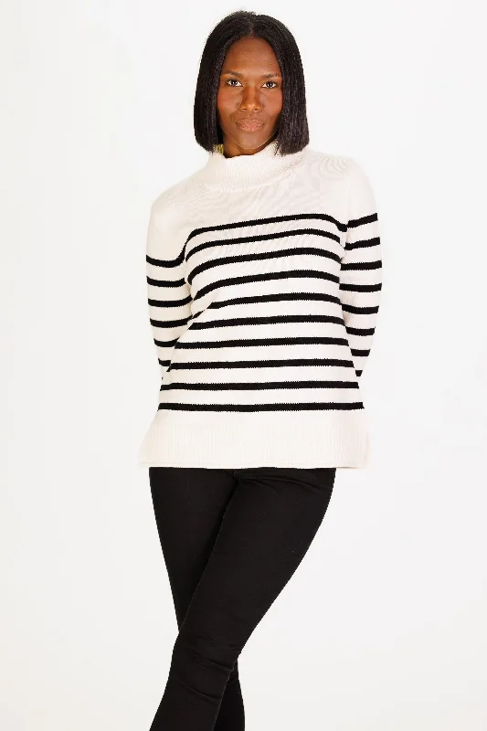 Mock Roll Neck Sweater in Ivory & Black Stripe