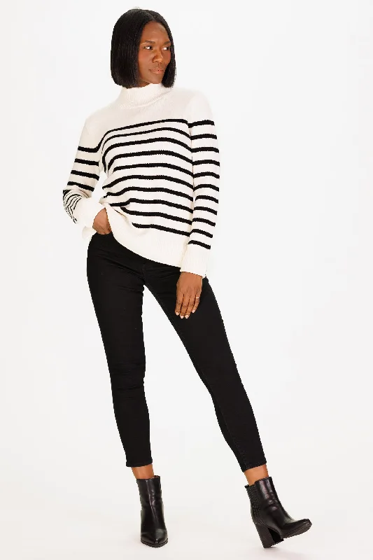 Mock Roll Neck Sweater in Ivory & Black Stripe